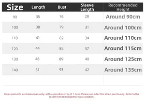 Detailed size chart for boys white long sleeve shirt with specific height and measurements