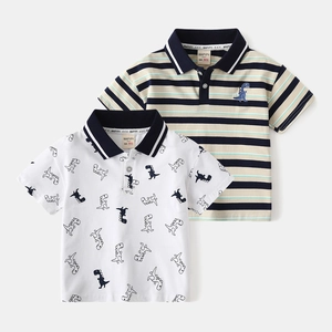 Boys Summer Cotton Blend Polo Shirt Dinosaur Series Cartoon Print Striped Embroidery Short Sleeve Breathable Kids Toddler Top