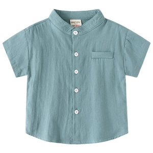 Teal short-sleeved cotton shirt for boys with mandarin collar and single chest pocket