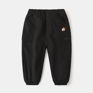 Kids black cargo pants with elephant embroidery and elastic waist shown on flat lay