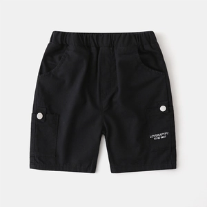 Boys' black cargo shorts with elastic waist and white letter print for casual summer wear