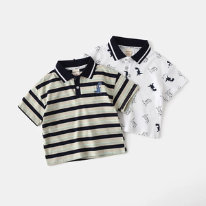 Boys' cotton polo shirt set with navy stripes and white dinosaur prints in soft fabric