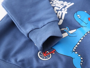 Close-up of ribbed cuffs and soft cotton fabric on a dinosaur printed hoodie