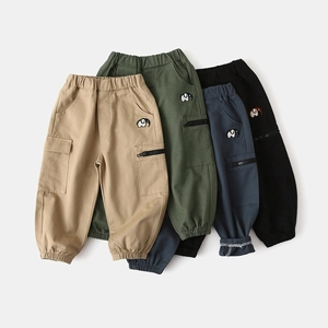 Kids cargo pants with elephant embroidery and zippered pockets in four classic colors