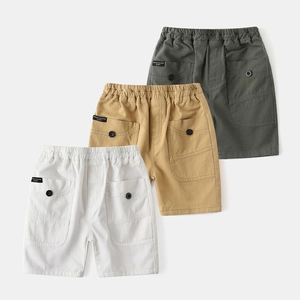 Three-pack boys cargo shorts in olive, khaki and white with elastic waist and pockets