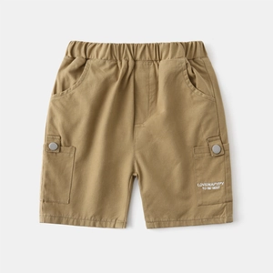 Detail of khaki cotton cargo shorts for boys with elastic waist and side letter pockets