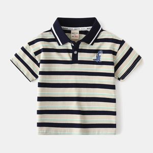 Boys' short sleeve polo shirt with striped dinosaur pattern and knit cotton fabric