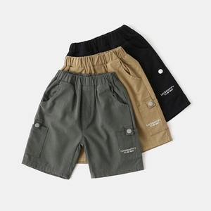 Boys cargo shorts in dark green, khaki and black with elastic waist and side pockets