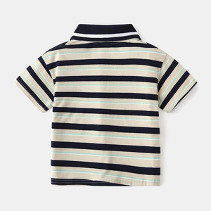 Detail of boys polo shirt showing navy knit collar and multicolor striped cotton fabric