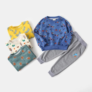 Toddler boys cartoon tracksuit with dinosaur print sweatshirt and cotton pants set