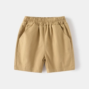Detailed flat lay of boys casual khaki shorts with elastic waistband and side pockets