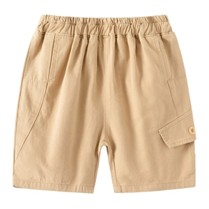 Boys khaki cotton cargo shorts with elastic waist and buttoned side pocket for summer