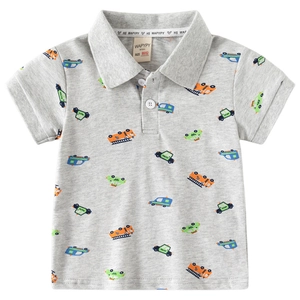 Boys short sleeve polo shirt featuring colorful cartoon car prints on grey cotton fabric