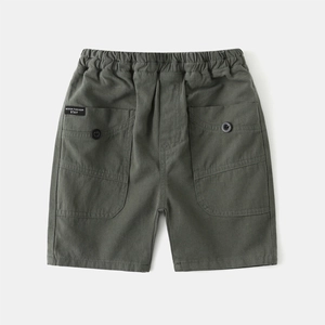 Boys fashion olive green casual shorts with elastic waist and large cargo pockets