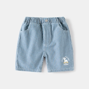 Boys blue vertical striped casual denim shorts with cartoon dog and elastic waist