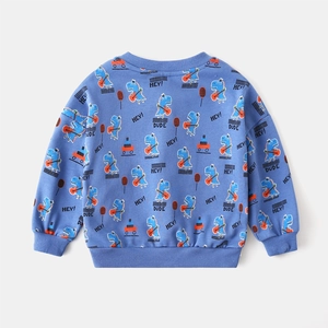 Rear view of light blue children sweatshirt featuring cartoon dinosaur all-over prints