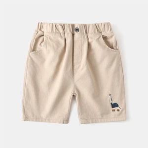 Short en coton beige pour enfant avec taille élastique et broderie dinosaure été