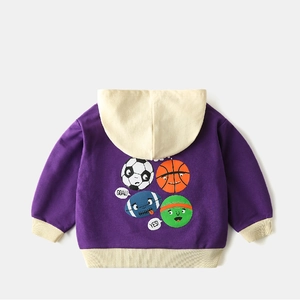 Purple hooded kids sweatshirt with beige contrast cuffs and cartoon sports prints on the back