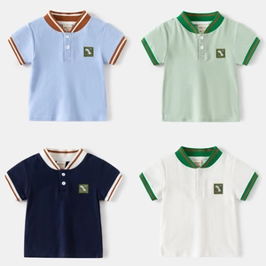 Boys' Short Sleeve Polo Shirt Cotton Cartoon Dinosaur Embroidered Korean Style Striped Ribbed Summer Casual Kids Top