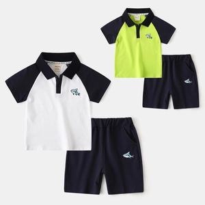 Boys Summer Cotton Blend Polo Shirt And Shorts Outfit Cartoon Shark Embroidery Color Block Casual Sportswear Kids Clothes