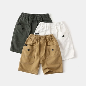 Boys Casual Cargo Shorts Cotton Elastic Waist Solid Color Mid-length Pants With Pockets Fashion Comfortable Summer Clothing