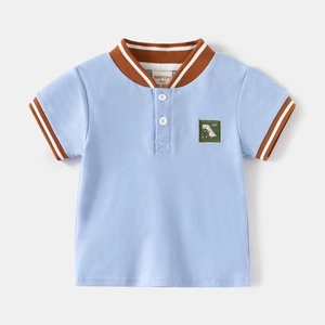 Light blue kids short sleeve polo shirt featuring dinosaur embroidery and striped collar