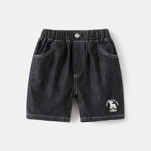 Boy's denim shorts in charcoal grey with cartoon print and elastic waist for summer