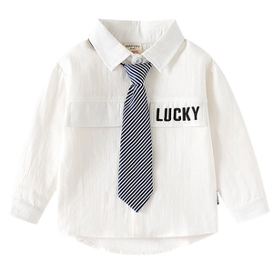 Chemise blanche à manches longues pour enfant avec cravate rayée et broderie Lucky