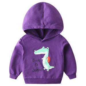 Purple kids hoodie with back to school cartoon crocodile print in a flat lay view