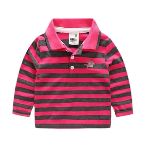 Kids long sleeve striped polo shirt with elephant embroidery and pink gray stripes
