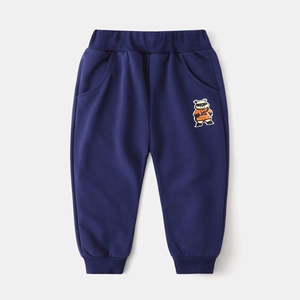 Detail of dark blue toddler sweatpants with elastic waist and cute bear embroidery