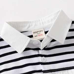 Kids black and white striped cotton long sleeve polo shirt with white collar detail