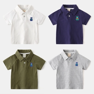 Polo à Manches Courtes en Mélange de Coton pour Garçons Avec Broderie d'Ours Patchwork Enfant Décontracté Respirant Polo