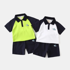 Boys 2-piece polo shorts set with shark embroidery and color-block raglan sleeves