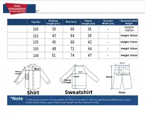 Detailed size chart for boys striped polo shirt including height and length measurements