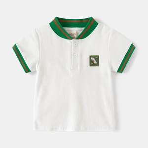 Kids white cotton polo shirt with dinosaur embroidery and striped knit trim
