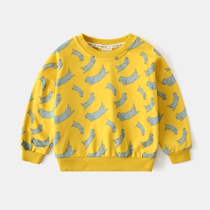 Detail of yellow cotton kids sweatshirt with grey cat prints and ribbed crew neck