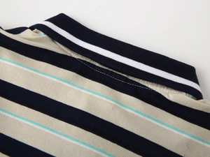 Detailed macro view of the striped cotton Polo shirt collar with sharp stitching