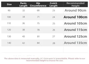 Detailed size chart for boys' summer shorts including length, hip, and height measurements
