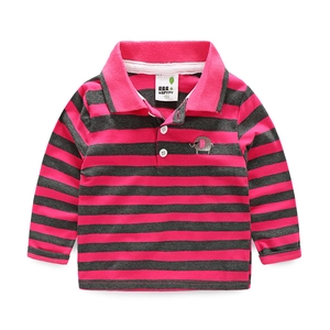 Kids Long Sleeve Striped Polo Shirt Cartoon Elephant Embroidery Lapel Collar Cotton Blend Top For Boys Autumn Spring