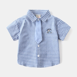 Boys short sleeve plaid shirt with light blue tie and cute bear embroidery detail