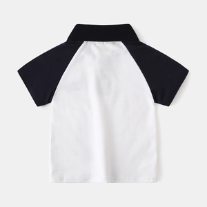 Back view of kids short sleeve polo shirt with navy contrast raglan sleeves on white