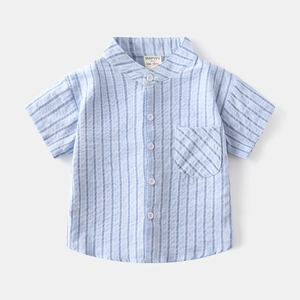 Boys Casual Cotton Striped Short Sleeve Shirt Korean Band Collar Summer Breathable Button Down Top For Kids Daily Blouse