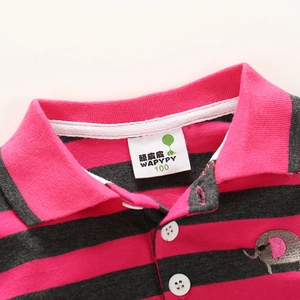 Kids long sleeve polo shirt with rose red stripes and elephant embroidery detail