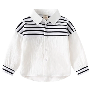Boys white shirt with black striped patchwork design and long sleeves in cotton fabric