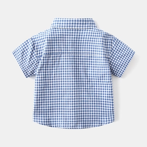 Back view of a kids short-sleeve shirt in blue and white gingham cotton fabric