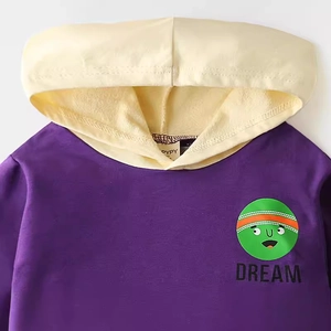 Kids purple hooded sweatshirt with cream hood and green cartoon Dream print detail