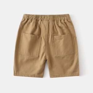 Classic khaki cotton summer shorts for boys featuring elastic waistband and large back pockets