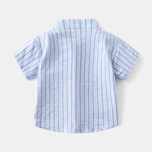 Classic blue and white striped short-sleeve shirt for boys with a stylish V-neck design