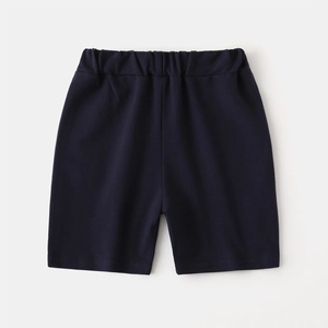 Detail of dark blue children's casual knit shorts with comfortable elastic waistband